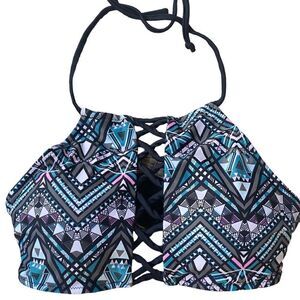Rue Blue Geometric Cutout High Neck Halter Swim Top
